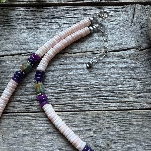 Southwestern Sterling Silver Pink Conch Multi Stone Bead Necklace. 18 Inch - Picture 10 of 12